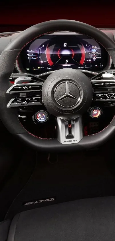 Mercedes-Benz steering wheel with sleek design and red accents.