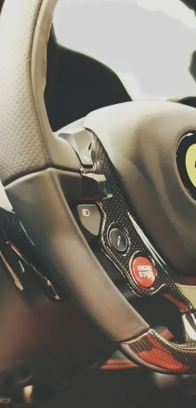 Close-up of luxury car steering wheel design.