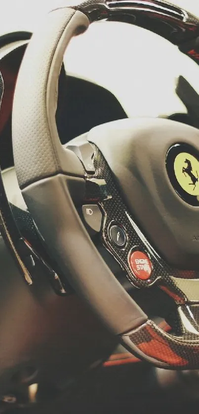 Luxurious car steering wheel with dashboard in elegant interior design.