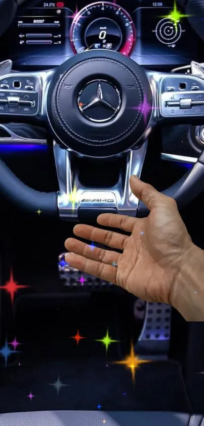 Luxury car steering wheel with hand and glowing lights.