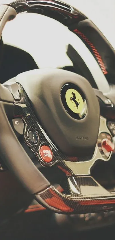 Close-up of luxury car steering wheel with sleek design.