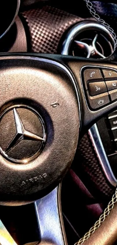 Close-up of a luxury car's steering wheel with intricate details.