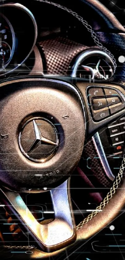 Closeup of luxury car steering wheel, showcasing premium design.