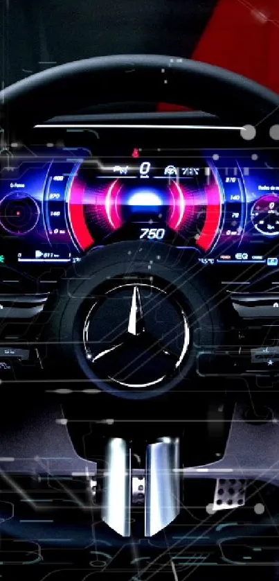 Luxury car steering wheel with digital dashboard display.