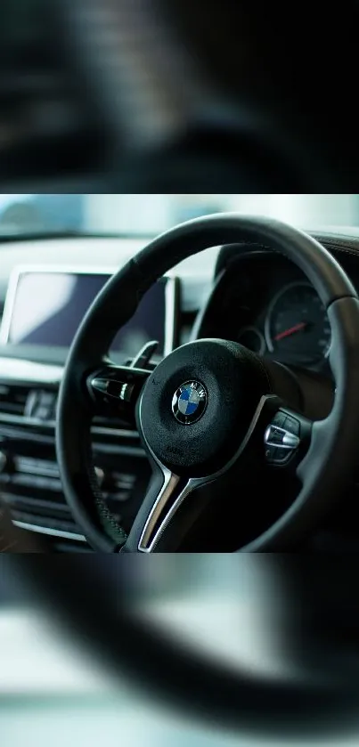 Close-up view of a luxury car steering wheel and dashboard.