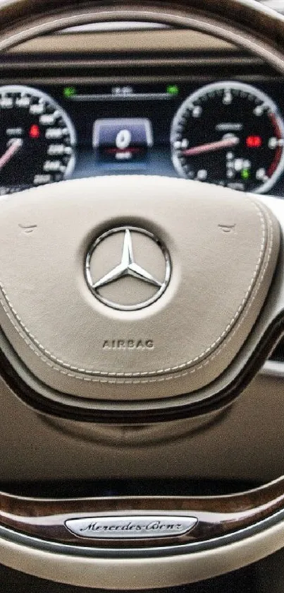 Luxurious beige car steering wheel and dashboard interior.