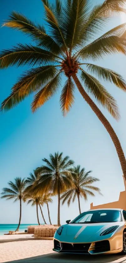 Luxury car under palm trees on a beach with blue sky and ocean.
