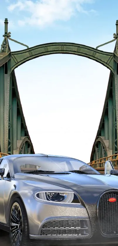 Sleek luxury car beneath architectural bridge with blue sky.