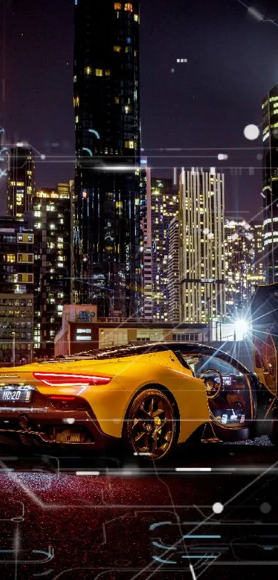 Luxury yellow car under city night lights.