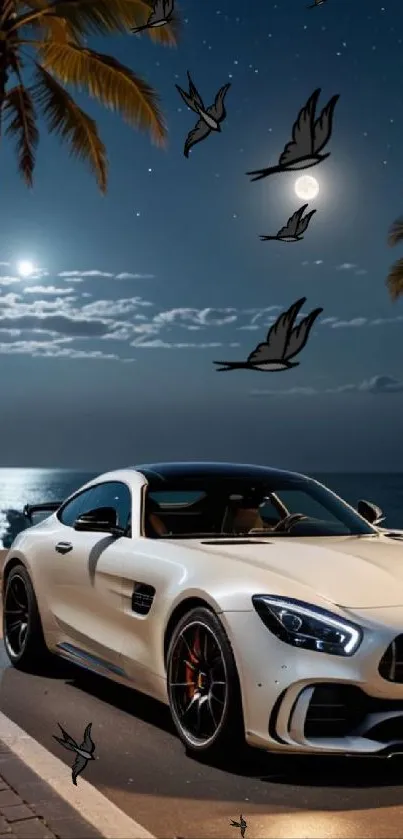 Luxury car parked on moonlit beach road with palms and ocean view.