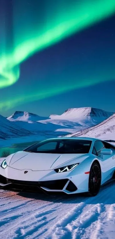 Luxury car beneath Northern Lights in snowy landscape.