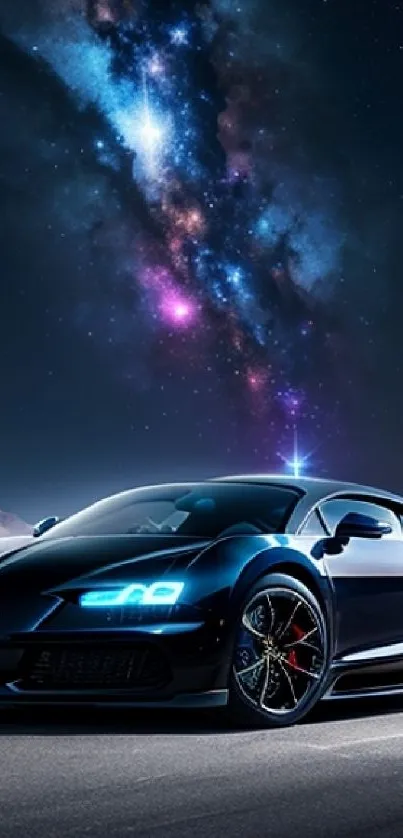 Luxury black sports car under a starry sky.