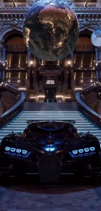 Luxury car beneath a cosmic display, featuring a grand staircase in a celestial scene.