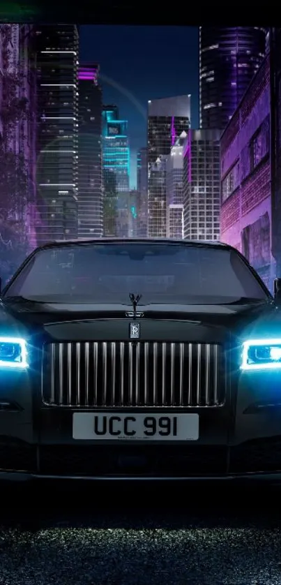 Luxury car with city lights in the dark urban background.