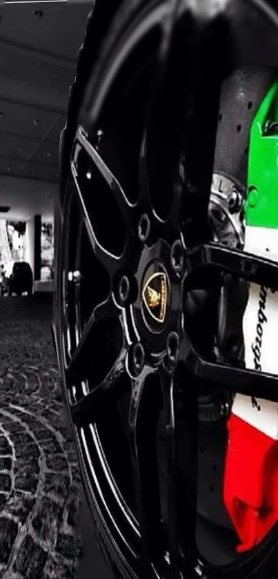 Luxury car wheel with Italian flag accent on a stylish background.