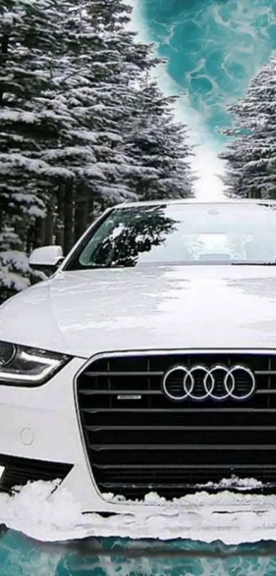 Luxury car in snowy forest with turquoise sky.