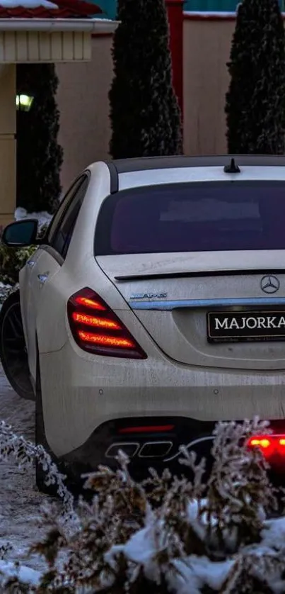 Luxury car in winter scene with snow-covered path and trees.