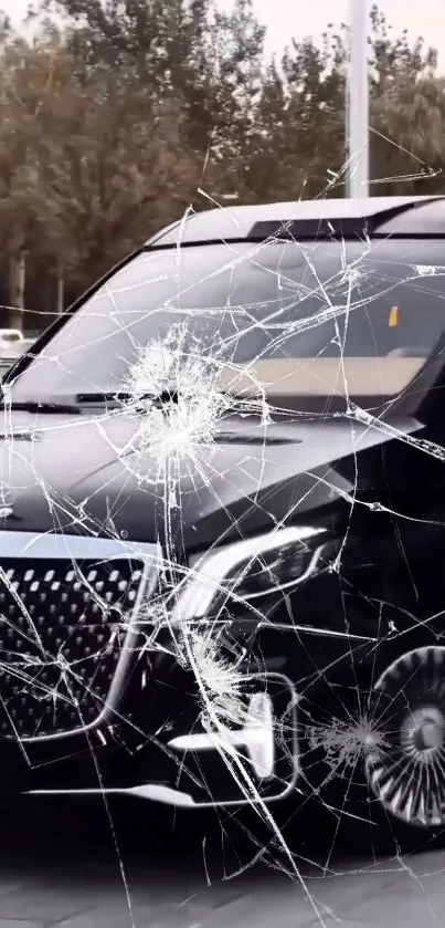 Luxurious black car with cracked glass design.