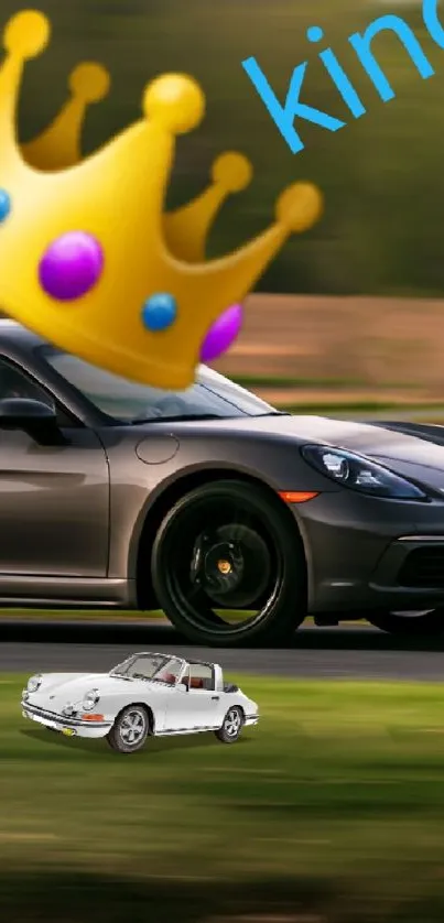 Luxury car with crown on track in motion.