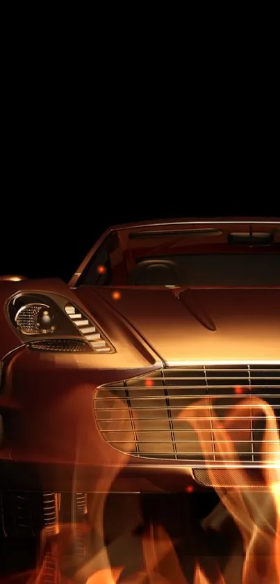 Luxury car with fiery flames against a black background for mobile wallpaper.