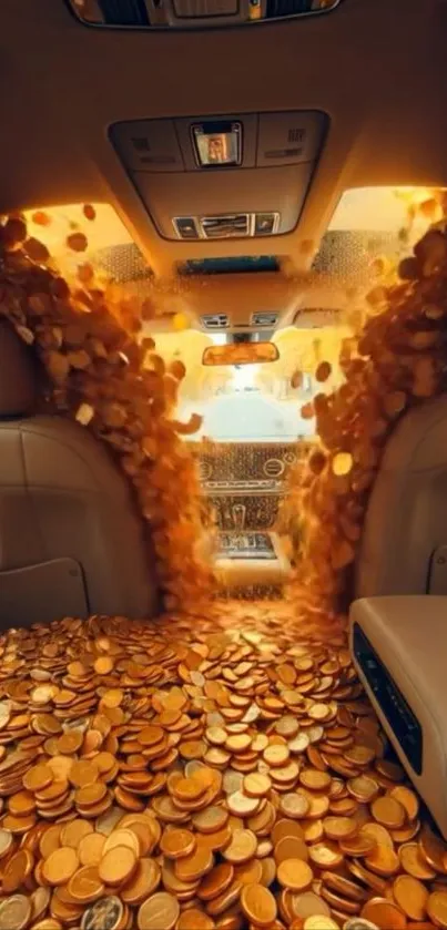 Luxury car interior with gold coins overflowing