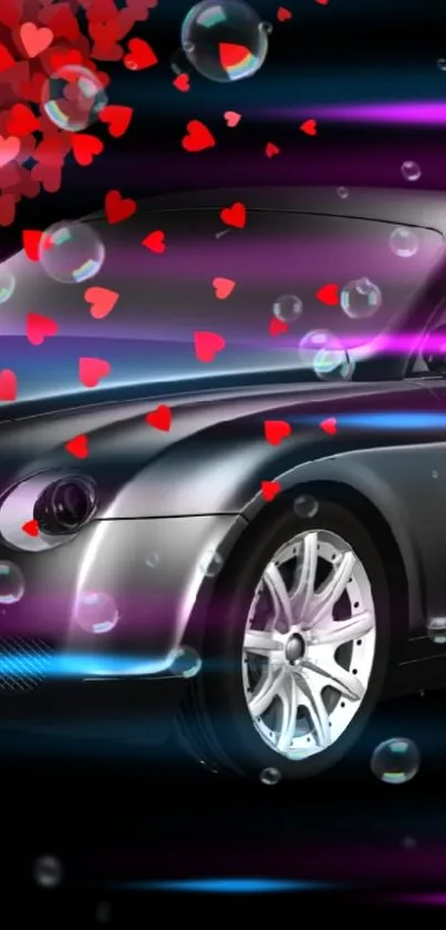 Luxury car with vibrant hearts and light streaks on a dark background.