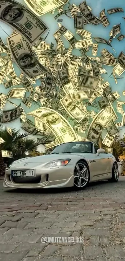 White sports car with dollars raining down.