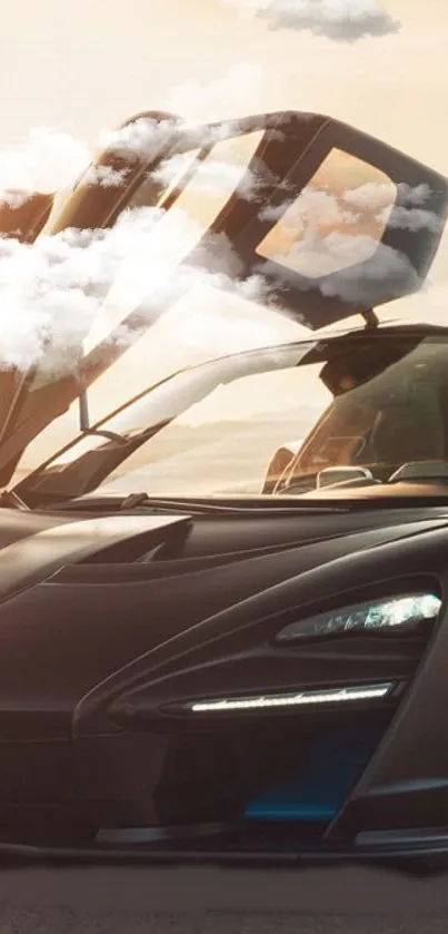 Luxury car with butterfly doors at sunset.