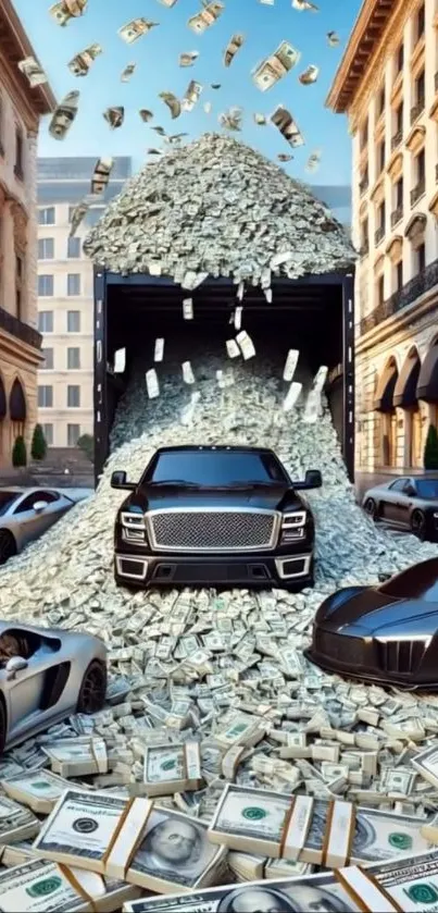 Luxury cars surrounded by piles of cash in an urban setting.