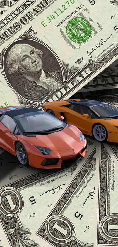 Luxury sports cars on dollar bills background wallpaper.