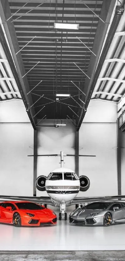 Luxury sports cars with private jet in hangar.