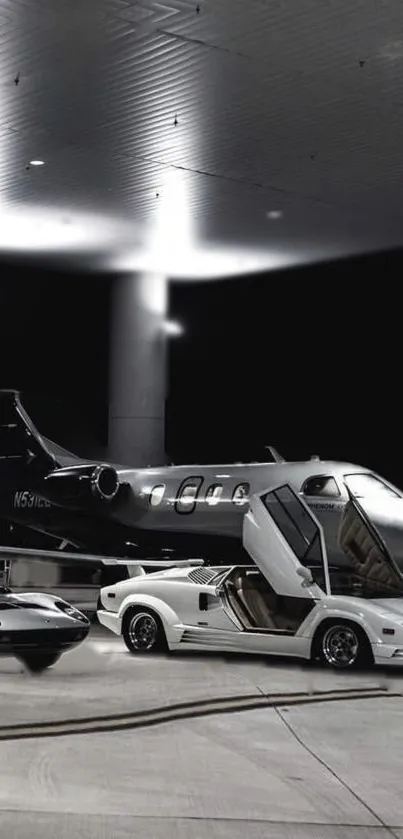 Luxury cars and private jet under night lights, showcasing sleek design and elegance.