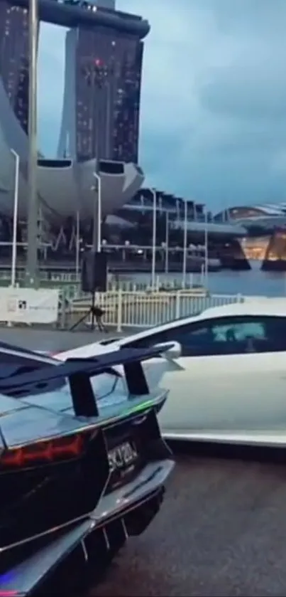 Luxury cars with futuristic cityscape background at dusk.