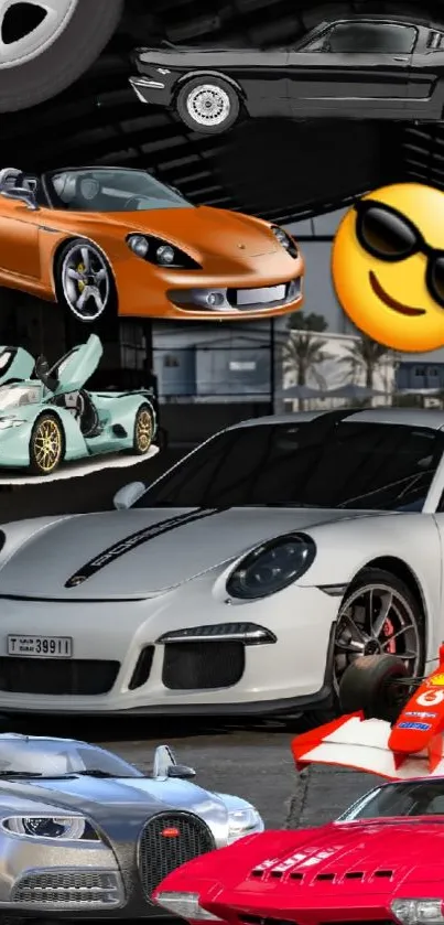 Collage of luxury and sports cars with emoji detail.