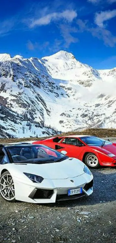 White and red luxury cars with snowy mountain backdrop.