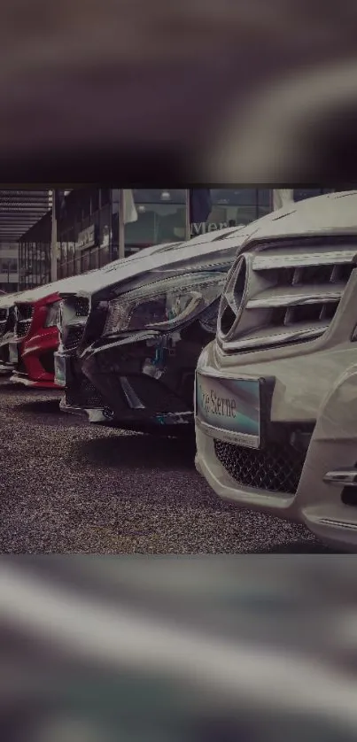 A lineup of luxury cars in an urban setting, emphasizing sleek and elegant design.