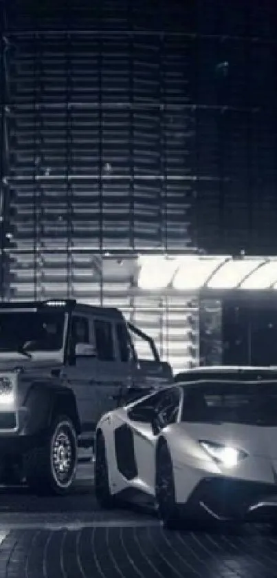 Luxury cars parked at night in a city setting, featuring urban architecture.