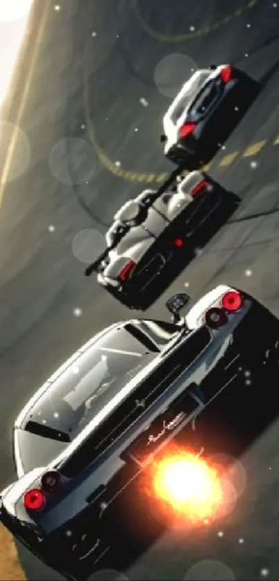 Three luxury sports cars racing on a track at high speed.