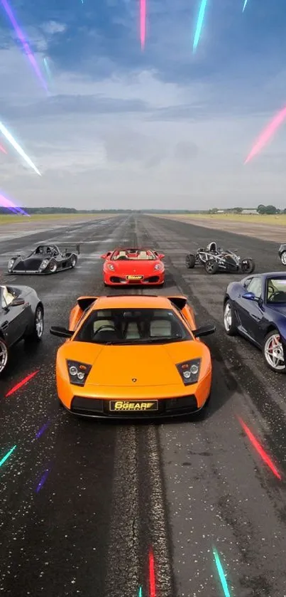 Luxury sports cars lined up on an open runway with a clear sky.