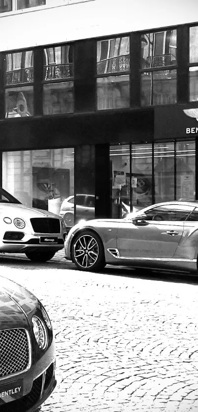 Bentley cars on city street in black and white.