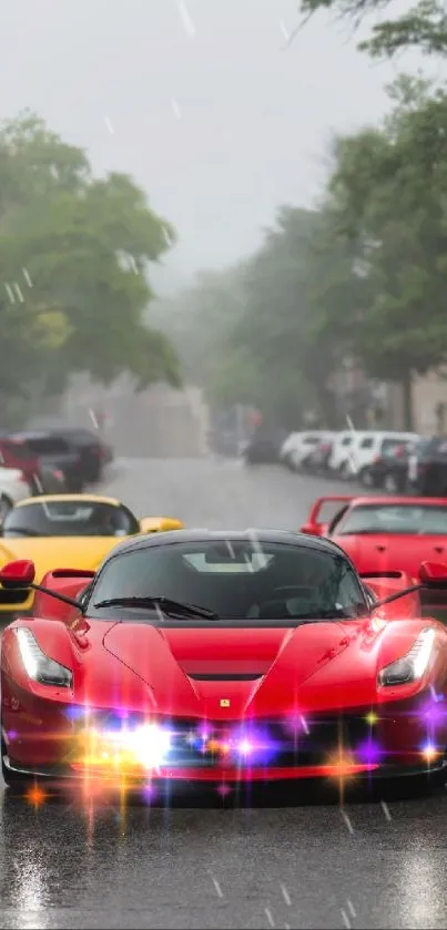 Luxury sports cars on a misty city street.