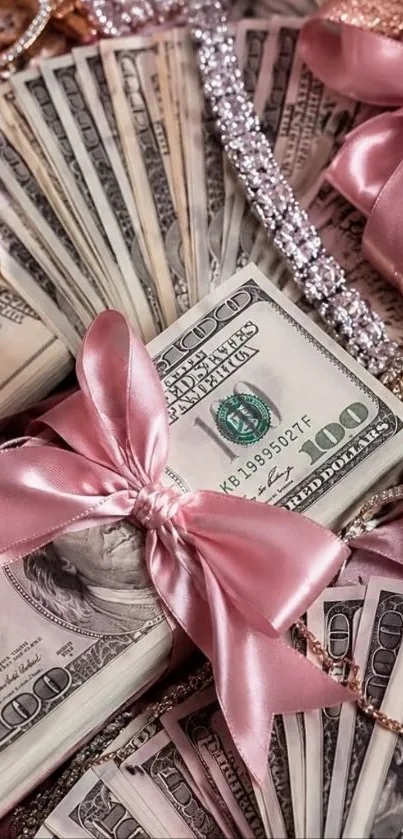 Luxurious cash bundles with pink ribbons and jewels.