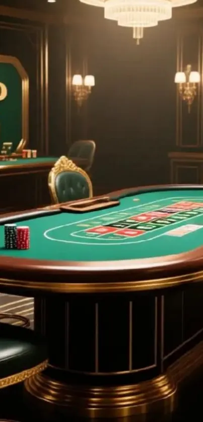 Luxurious poker table in elegant casino setting.