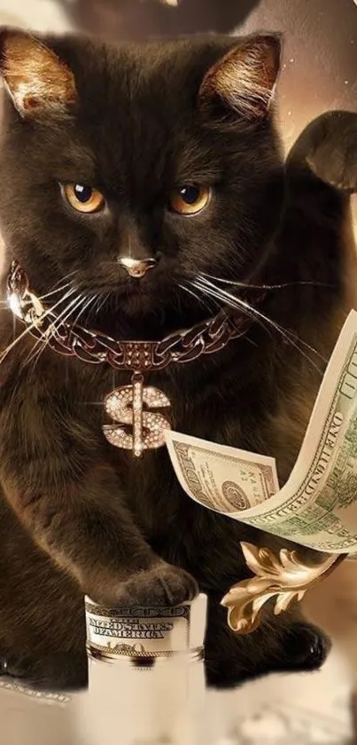 Black cat with jewels and dollar bills in a luxurious setting.