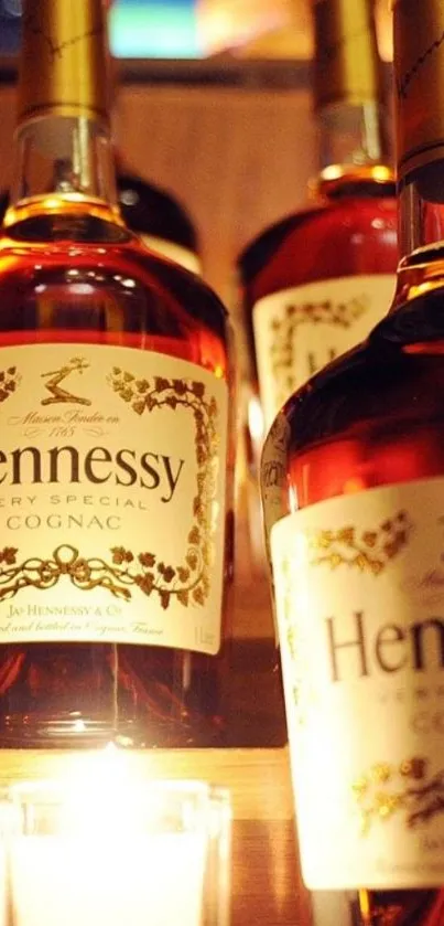 Luxurious Hennessy cognac bottles beautifully illuminated on a wooden shelf.