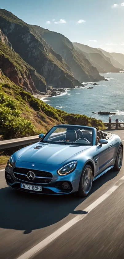 Luxury convertible driving along scenic coastal road with ocean view.