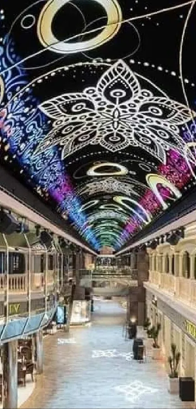 Luxurious cruise ship deck with intricate ceiling art and vibrant colors.