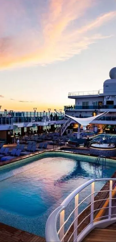 Luxury cruise deck at sunset with pool and loungers.