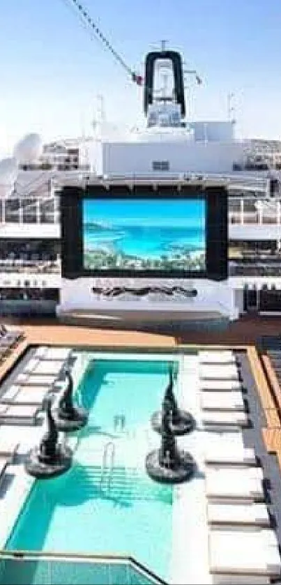 Luxury cruise ship pool deck under clear blue sky.