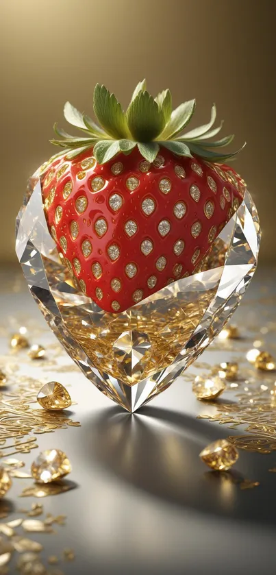 3D strawberry with crystal and gold details on elegant wallpaper.